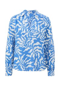 Blouse à manches longues avec un motif abstrait de feuilles bleues et blanches, un col en V avec un petit col et des poignets boutonnés.