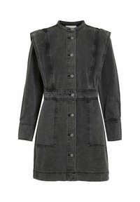 Robe en denim noir délavé avec des manches longues, des boutons-pression à l'avant, un col montant, des épaules rembourrées et des poches plaquées à l'avant.