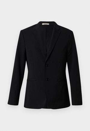 Black blazer made of smooth fabric, featuring a notched lapel, two buttons, and side pockets; tailored fit with long sleeves.