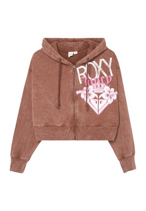 Brun hættetrøje med lynlås og snore, med hvid og pink "ROXY Juicy" tekst og blomstret hjertegrafik øverst til venstre foran.