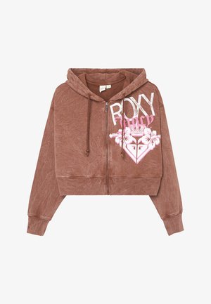 Sweat à capuche zippé marron avec cordons, présentant un texte blanc et rose "ROXY Juicy" et un motif floral en forme de cœur en haut à gauche devant.