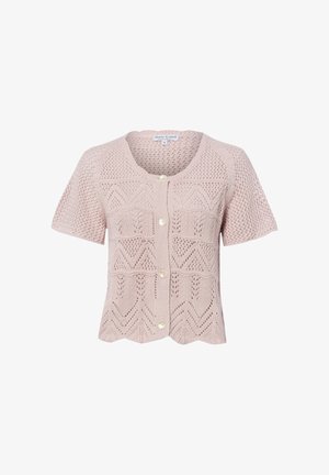 Hellrosa gestrickter Kurzarmcardigan mit rundem Ausschnitt, Knopfleiste vorne und spitzenähnlichen Zickzack- und Blumenmustern.