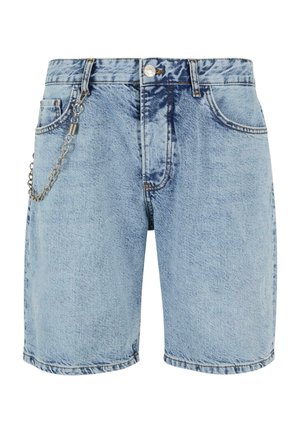 Light blue denim shorts with a relaxed fit, featuring a silver chain accent on the side, five pockets, and stitched hems.