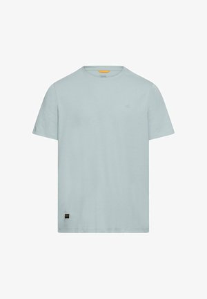 Lyseblå bomuld T-shirt med korte ærmer, rund halsudskæring, diskret branding på brystet og et lille logomærke nederst til venstre.