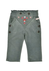 Green corduroy pants with a gathered waistband, heart-shaped design on front, floral embroidery, and two buttons on each side.