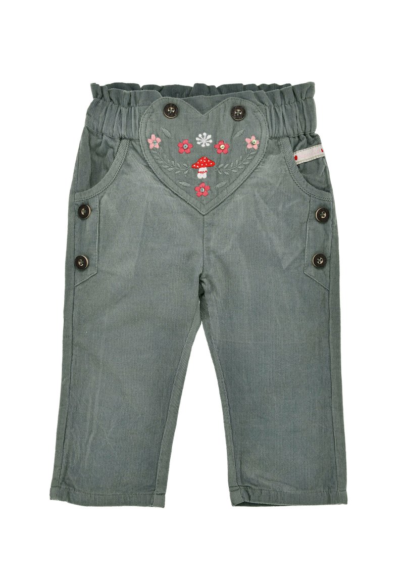 Green corduroy pants with a gathered waistband, heart-shaped design on front, floral embroidery, and two buttons on each side.