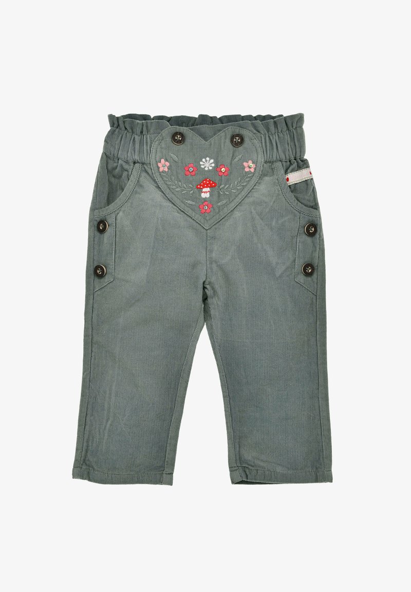 Green corduroy pants with a gathered waistband, heart-shaped design on front, floral embroidery, and two buttons on each side.