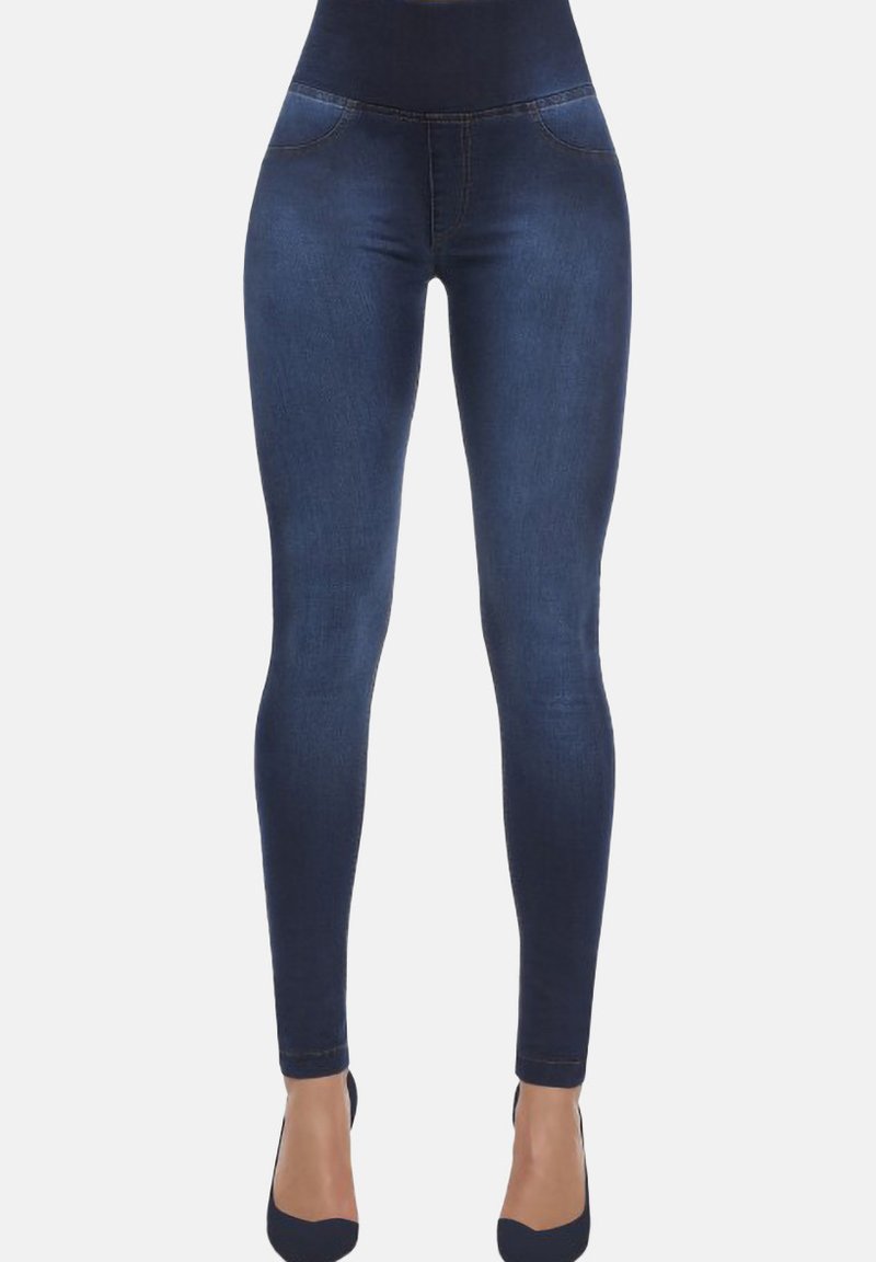 Ciemnoniebieskie legginsy dżinsowe z wysokim stanem, o gładkiej fakturze i minimalistycznym wzornictwie; bez widocznego logo lub ozdób.