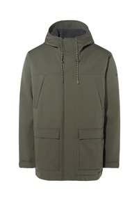 Giacca verde oliva con cappuccio, dotata di tasche frontali con zip, coulisse e un morbido rivestimento in pile grigio nel cappuccio.