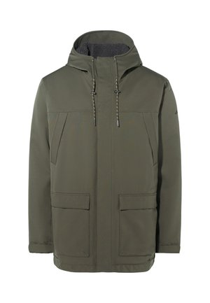 Olivgrüner Jacke mit Kapuze, ausgestattet mit Reißverschluss-Fronttaschen, Kordelzügen und einem weichen grauen Fleece-Futter in der Kapuze.