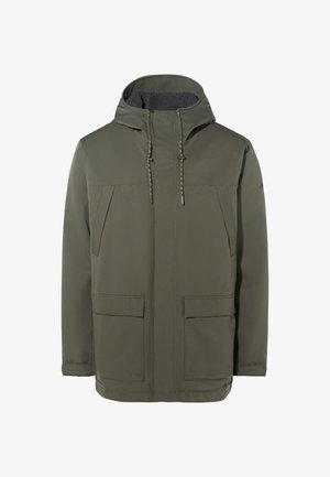 Giacca verde oliva con cappuccio, dotata di tasche frontali con zip, coulisse e un morbido rivestimento in pile grigio nel cappuccio.