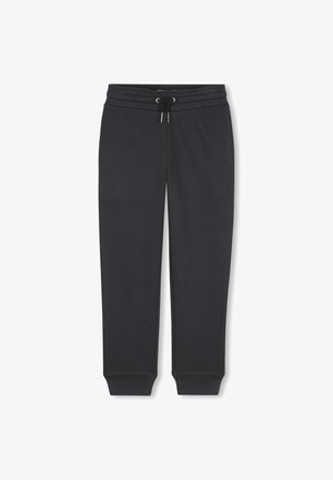Pantalons de jogging noirs en tissu doux, dotés d'une taille élastique avec cordon de serrage, de poignets fuselés et de poches latérales.