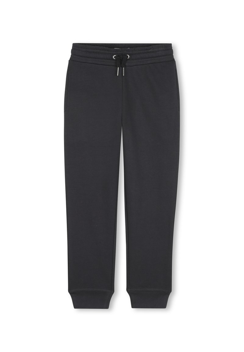 Zwarte joggingsbroek gemaakt van zachte stof, met een elastische tailleband met trekkoord, taps toelopende boorden en zijzakken.