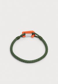 Green braided leather bracelet featuring an orange metal clasp, with a smooth texture and woven design.