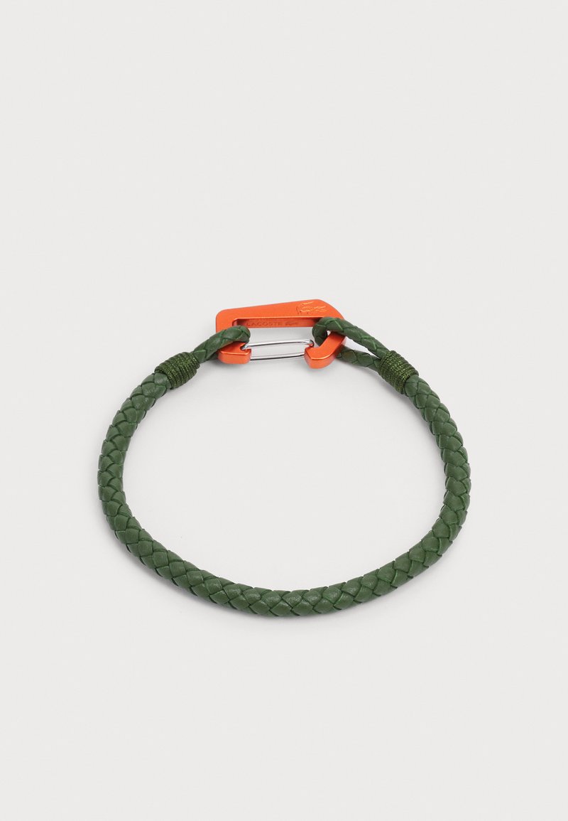 Green braided leather bracelet featuring an orange metal clasp, with a smooth texture and woven design.