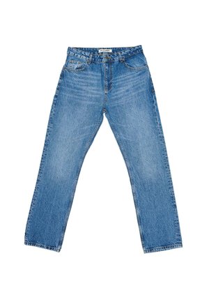 Light blue denim jeans with a straight leg design, five pockets, and contrasting stitching. Features a button closure and belt loops.