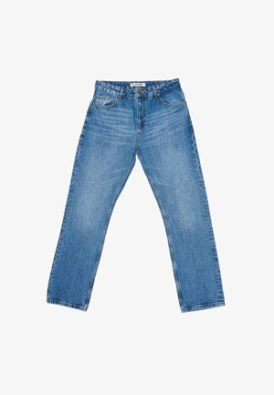 Light blue denim jeans with a straight leg design, five pockets, and contrasting stitching. Features a button closure and belt loops.