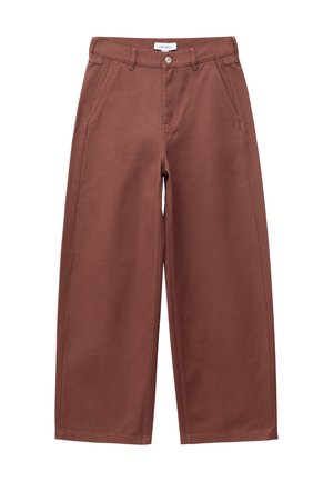 Brown wide-leg pants with front pockets, belt loops, button closure, and a label on the waistband against a white background.