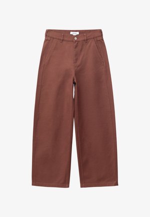 Brown wide-leg pants with front pockets, belt loops, button closure, and a label on the waistband against a white background.