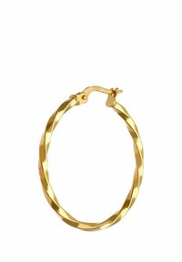 Zlata obroča uhan z zavito obliko in gladko, odsevno površino. Ima zapiralo z zgibnim mehanizmom za varno pritrjevanje.