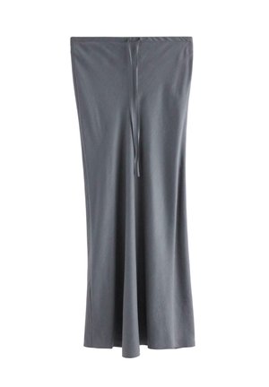 Lang mørkegrå nederdel med lige snit og snøre foran, vist på en hvid baggrund.