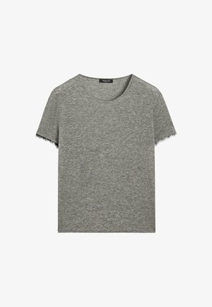 Heather gray short-sleeve t-shirt with raw-edge sleeves and round neckline, plain design, laid flat.