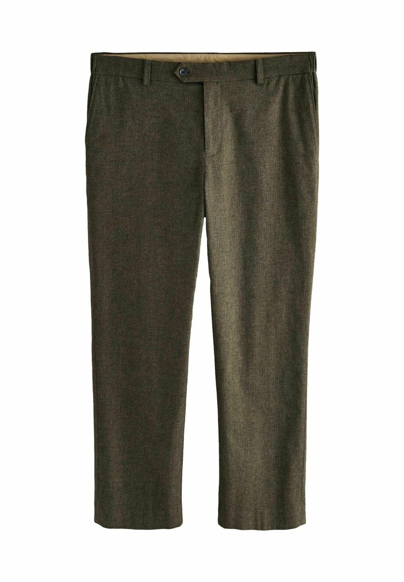 Men's trousers in dark olive green with a textured fabric. Features a button closure, belt loops, and a straight-leg design.