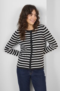 Cardigan rayé noir et blanc avec des manches longues, fermeture à boutons, col rond et design ajusté. Porté avec un jean bleu.