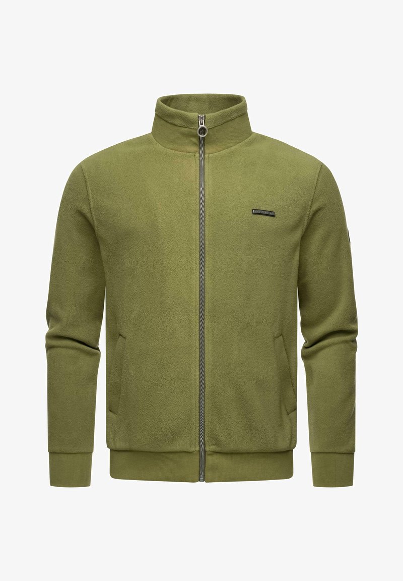Vihreä fleece-tilkkupaita, jossa on korkea kaulus, etutaskut ja sileä pinta. Vasemmalla puolella logo-merkki.