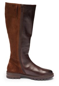 Tall boot with dark brown leather front and brown suede back, side zipper, and lug sole for improved traction.