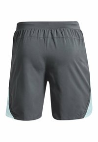 Gray athletic shorts in lightweight fabric, featuring an elastic waistband, side pockets, and contrasting light blue accents on the sides.