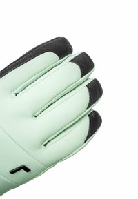 Minzgrüne Handschuhe mit vier Fingern und einer schwarzen strukturierten Spitze. Sie bestehen aus glattem, gepolstertem Stoff und weisen einen kontrastierenden schwarzen Akzent an den Fingerspitzen auf.
