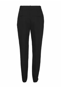 Pantalons noirs sur mesure avec une texture lisse, présentant une coupe slim, des poches arrière et un design à jambe droite.