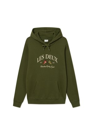 Olive green hoodie with drawstring hood, front pocket, and embroidered "LES DEUX" logo featuring flags. Soft, cotton blend material.