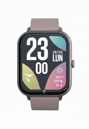 Smartwatch with pink strap showing time 23:00, date 28/02 Monday, weather 18°C, and fitness stats on colorful black screen.