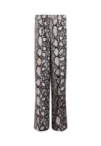Pantalons larges en imprimé serpent noir et gris avec une coupe décontractée, une taille élastique et une texture lisse, présentant des détails de motif distincts.