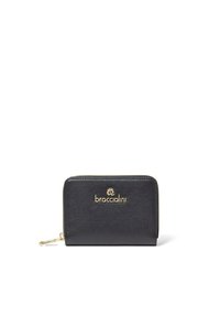 Portafoglio di pelle nera con hardware dorato. Caratterizzato da una chiusura con zip, logo impresso e forma rettangolare. Texture liscia con design minimalista.