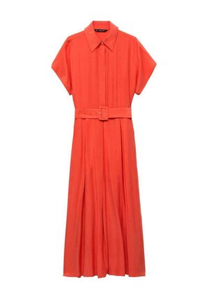 Short-sleeve, collared dress in bright orange, featuring a belted waist and flowing, pleated skirt. Made of lightweight fabric.