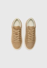 Beige suede sneakers with round toe, gold hardware eyelets, and thick woven laces. Soft inner lining, minimalistic design, rubber sole.
