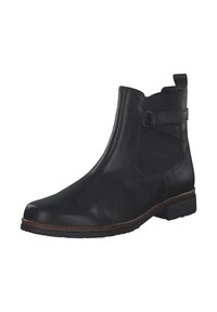 Bottine en cuir noir avec un bout rond, un panneau élastique sur le côté et une petite boucle à l'arrière. Semelle marron robuste avec une finition texturée.