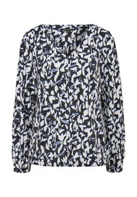 Zwarte blouse met abstract wit en blauw patroon, V-hals en lange mouwen met elastische boorden. Gemaakt van lichtgewicht stof.