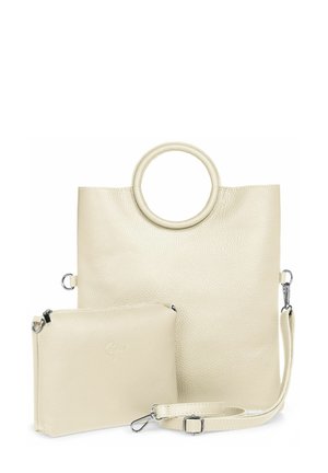 Cremfarbener Leder-Shopper mit einem runden Griff und einem abnehmbaren Reißverschlussbeutel. Texturierte Oberfläche, inklusiv einem abnehmbaren Schultergurt.