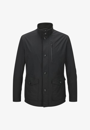 Schwarze Windbreaker-Jacke mit Stehkragen, vorderen Knöpfen, Brust-Reißverschlusstasche und zwei Seitentaschen. Glattes, leichtes Material.