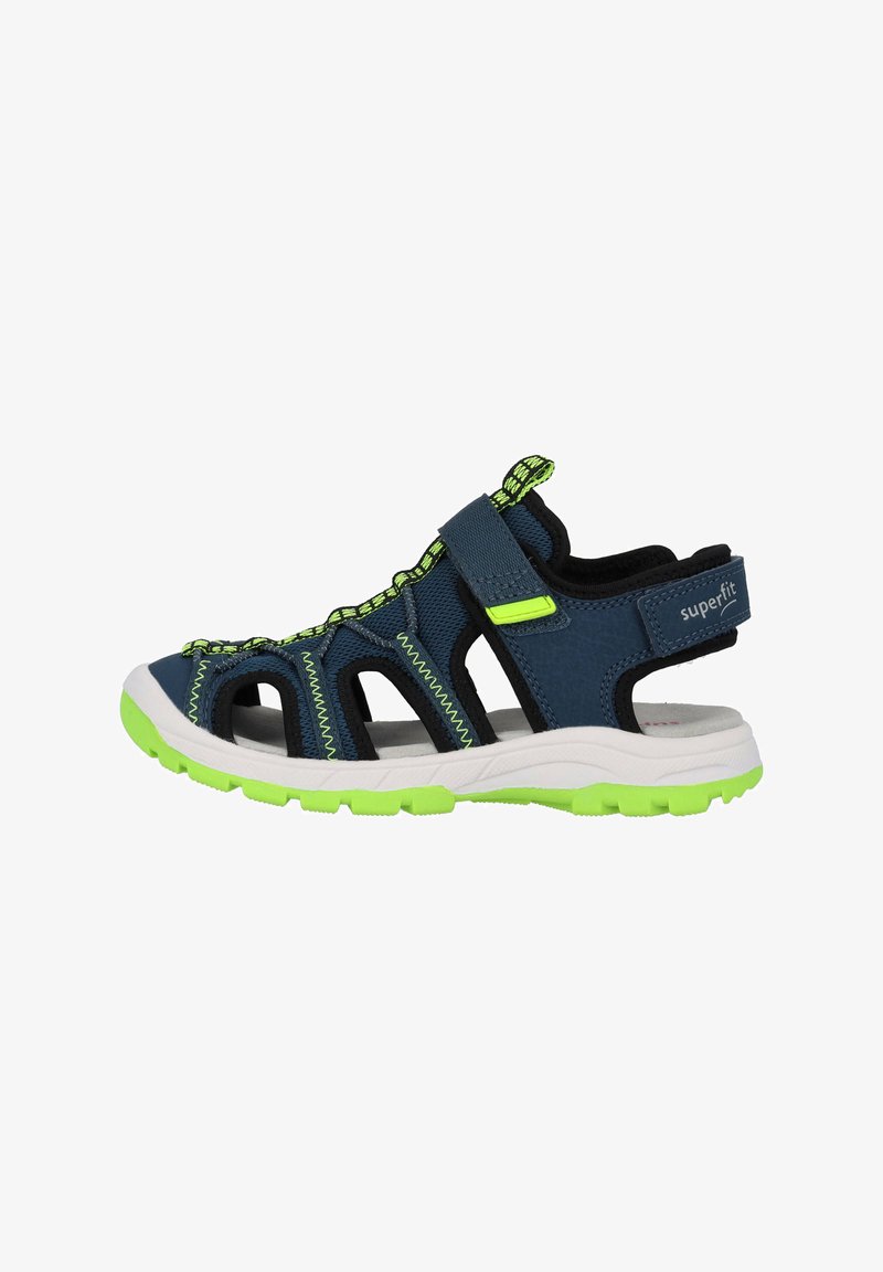 Navy blue sporty sandals with neon green accents, open design, Velcro strap, and textured sole for traction. Lightweight and breathable materials.