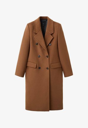 Manteau croisé en mélange de laine marron avec de grands boutons noirs, revers à encoche, deux poches avant et manches longues. Design structuré.