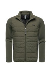 Oliivinvihreä takki, jossa on tikattu etuosa, sileät hihat, korkea kaulus, metallivetoketju ja sivutaskut, joissa on vetoketjut.