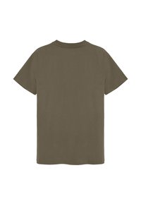 T-shirt à manches courtes vert olive en coton doux, avec un col rond et une coupe décontractée, sans motifs ni graphiques visibles.
