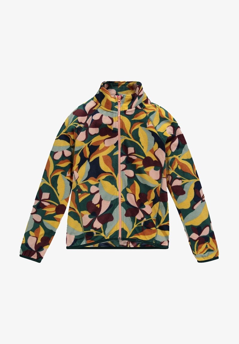 Fleece jas met hoge kraag, bloemenpatroon in geel, groen, bordeauxrood en roze, volledig ritssluiting aan de voorkant en raglanmouwen.