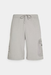 Light gray shorts with elastic waistband and drawstring. Features side pocket with zipper and logo accents on the leg. Smooth texture.