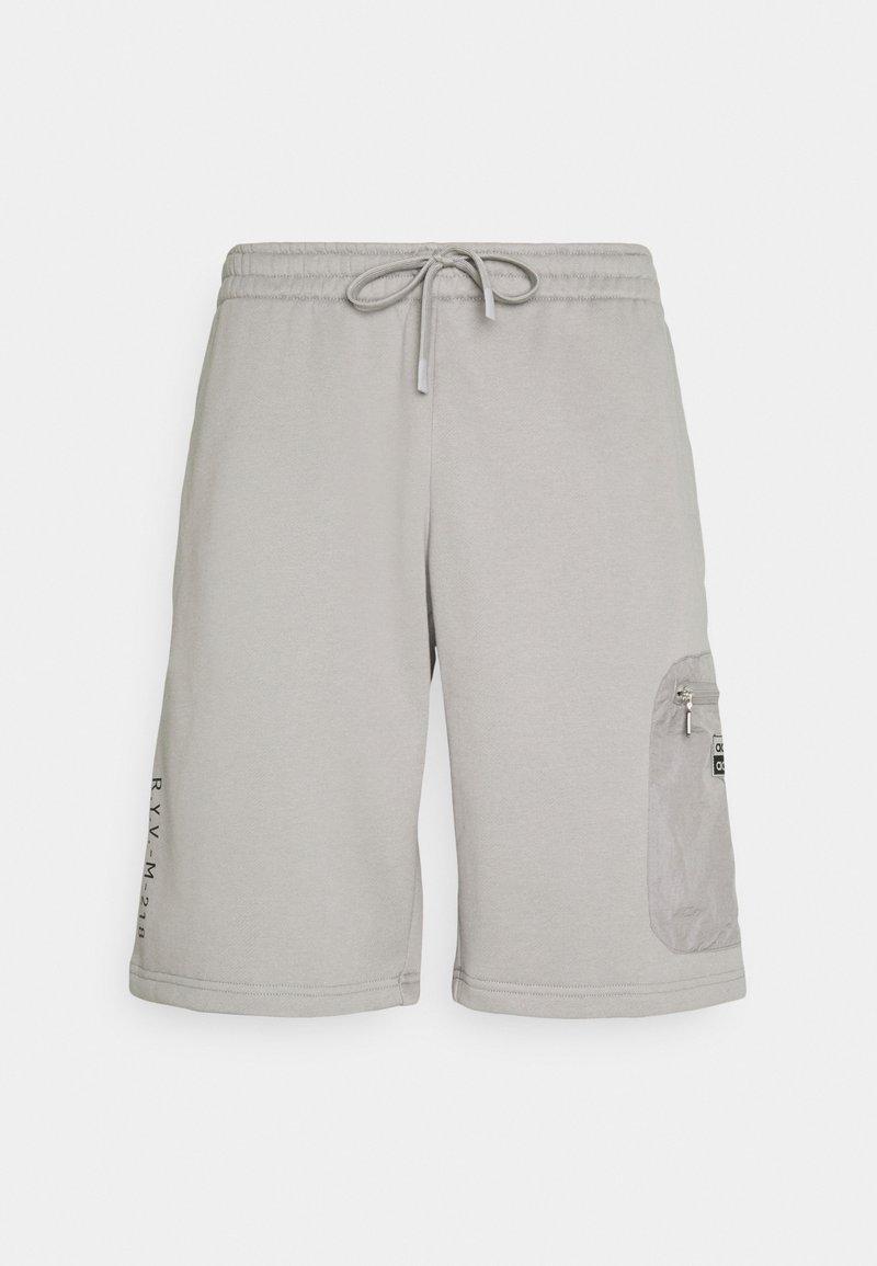 Light gray shorts with elastic waistband and drawstring. Features side pocket with zipper and logo accents on the leg. Smooth texture.